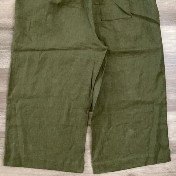 Whistles 100% Linen Wide Leg Crop Pants Womens 14 Olive Green Elastic Waist Soft - Picture 9 of 9